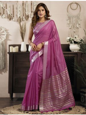 Mauve Pink Khadi Cotton Saree With Zari