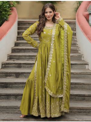 Mehendi Green Chinon Full Length Readymade Palazzo Suit FABSL21998