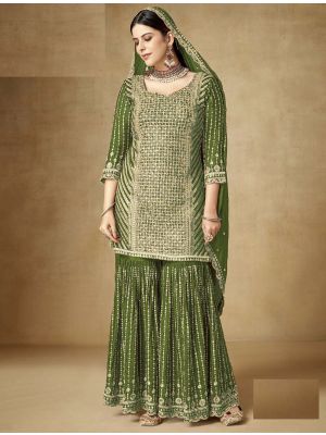 Mehendi Green Chinon Semi Stitched Sharara Suit small FABSL21771