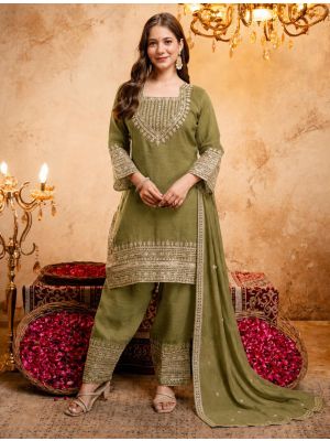 Mehendi Green Crunchy Silk Embroidered Ready To Wear Salwar Kameez swatch FABSL22576