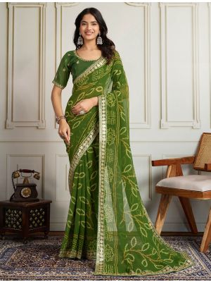 Mehendi Green Georgette Bandhani Print Saree With Zari And Sequin