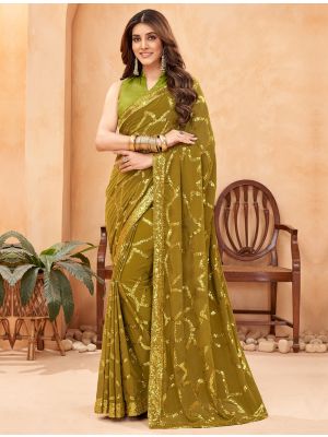 Mehendi Green Georgette Blooming Saree With Sequins