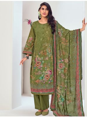 Mehendi Green Muslin Embroidered Ready To Wear Salwar Kameez FABSL22248
