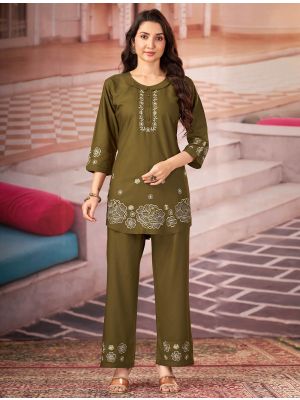 mehendi green rayon embroidered co ord set with handwork fabku21329
