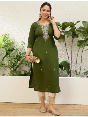 mehendi green silk blend embroidered kurti fabku21226