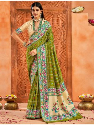 Mehendi Green Velvet Tussar Silk Saree With Paithani Pallu