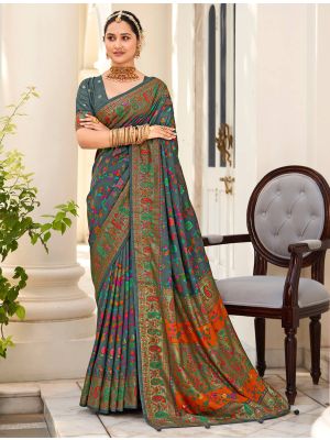 Mineral Green Velvet Tussar Silk Ethnic Saree