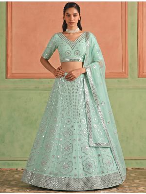 Mint Blue Organza Embroidered Lehenga Choli With Foil Mirror Work small FABLE20637