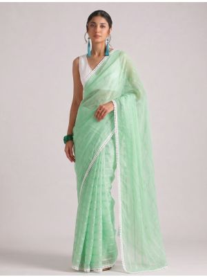 Mint Green Chiffon Ready-To-Wear Saree With Unstitched Blouse