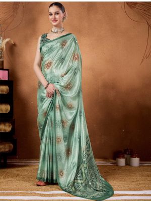 Mint Green Satin Silk Ready To Wear Saree With Bandhani Print