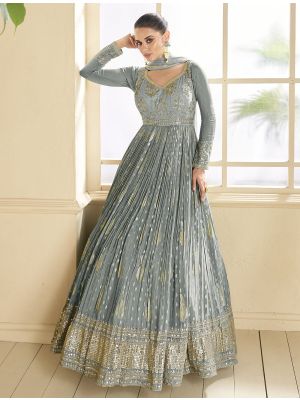 Misty Grey Georgette Semi Stitched Designer Anarkali Suit small FABSL21840