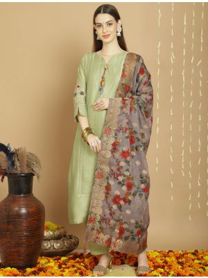 Moss Green Chanderi Silk Semi Stitched Salwar Suit small FABSL21730