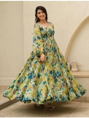 moss green chinon digital printed flared gown   fabgo20313