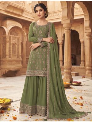 Moss Green Chinon Free Size Ready To Wear Palazzo Suit small FABSL22548