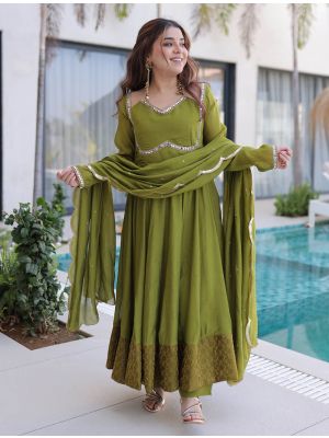 Moss Green Mul Chanderi Ready To Wear Salwar Kameez FABSL22431