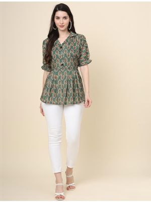 moss green pure cotton printed short kurti fabku20907