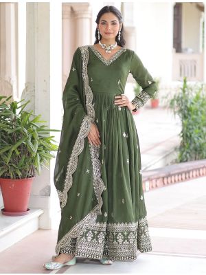 moss green vichitra silk flared gown with dupatta fabgo20408