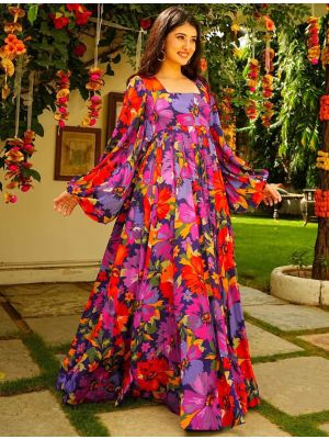 multicolor georgette printed readymade gown fabgo20254