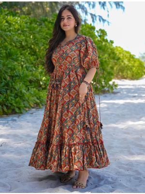 multicolor rayon printed flared dress fabku20968