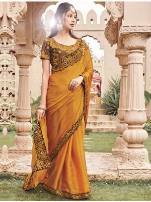 Mustard Blooming Shimmer Georgette Embroidered Saree