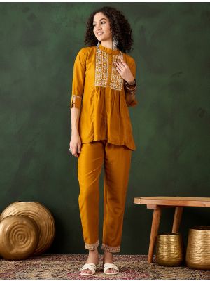 mustard chinon embroidered co ord set fabku20993