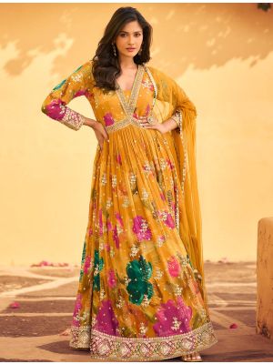Mustard Chinon Ready To Wear Anarkali Suit In XL small FABSL22191