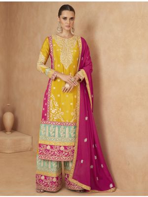 Mustard Chinon Semi Stitched Palazzo Suit small FABSL21919