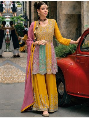 Mustard Chinon Semi Stitched Sharara Style Palazzo Suit FABSL21712