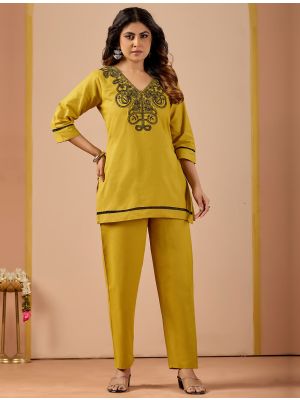 mustard cotton flex embroidered co ord set fabku21316