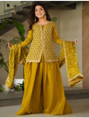 Mustard Fendy Silk Embroidered Ready To Wear Palazzo Suit FABSL22222