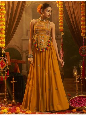 mustard georgette embellished crop top and palazzo set fabku21323