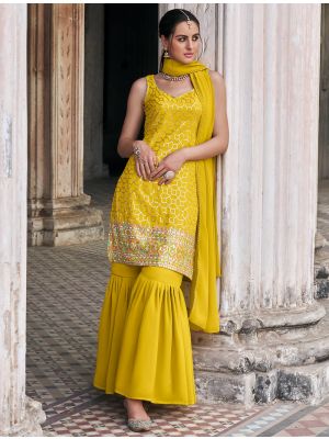 Mustard Georgette Sequined Readymade Sharara Suit FABSL21849