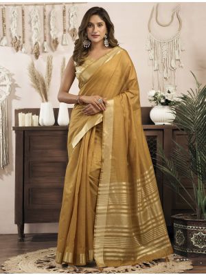 Mustard Gold Khadi Cotton Saree With Zari