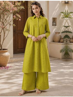 mustard green cotton straight-cut kurta set with schiffli embroidery swatch fabku21332