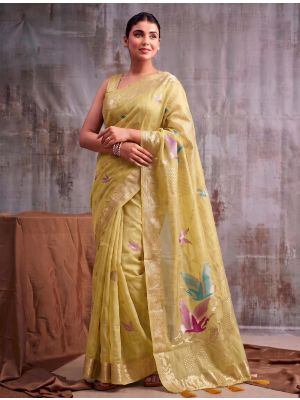 Mustard Linen Cotton Saree With Antique Zari Work