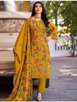 Mustard Muslin Floral Printed Ready To Wear Salwar Kameez FABSL22217