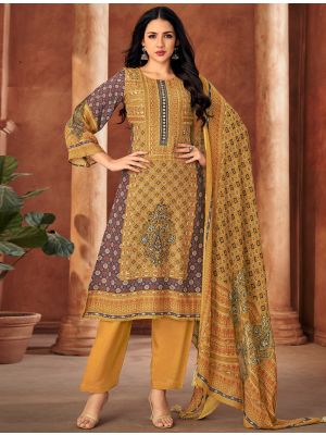 Mustard Muslin Printed Salwar Kameez With Handwork small FABSL22157