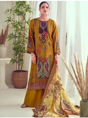 Mustard Muslin Printed Salwar Kameez With Thread Work small FABSL21643