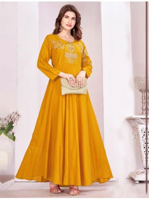 mustard muslin trendy embroidered gown  fabgo20431