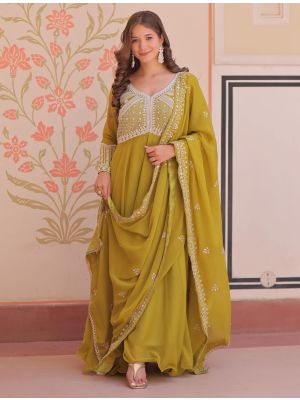 mustard olive star georgette anarkali gown with dupatta fabgo20446
