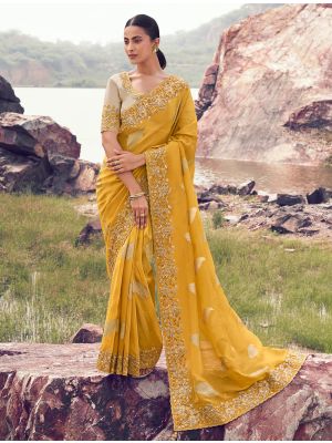 Mustard Tissue Silk Jacquard Embroidered Designer Saree