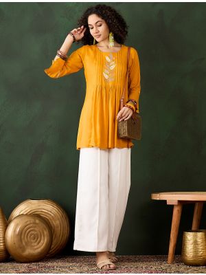 mustard viscose rayon embroidered top fabku21015