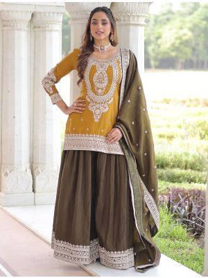 Mustard Yellow Art Silk Embroidered Ready To Wear Palazzo Suit FABSL22374