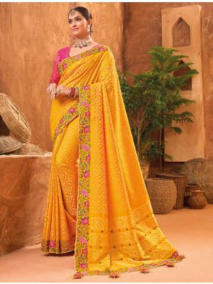 Mustard Yellow Banarasi Silk Premium Saree With Kutch Work