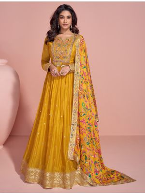 Mustard Yellow Chinon Ready To Wear Anarkali Suit In Free Size small FABSL22235