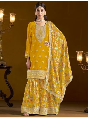 Mustard Yellow Chinon Semi Stitched Sharara Suit small FABSL21984