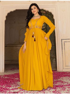 mustard yellow georgette contemporary gown with dupatta fabgo20420