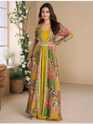 mustard yellow georgette fusion gown with shrug and belt fabgo20397