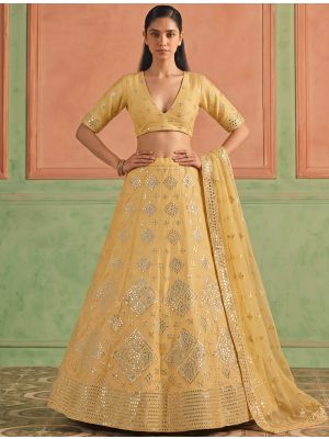 Mustard Yellow Organza Embroidered Lehenga Choli With Foil Mirror Work small FABLE20630