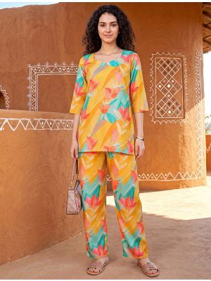 mustard yellow rayon blend digital printed co ord set fabku21307